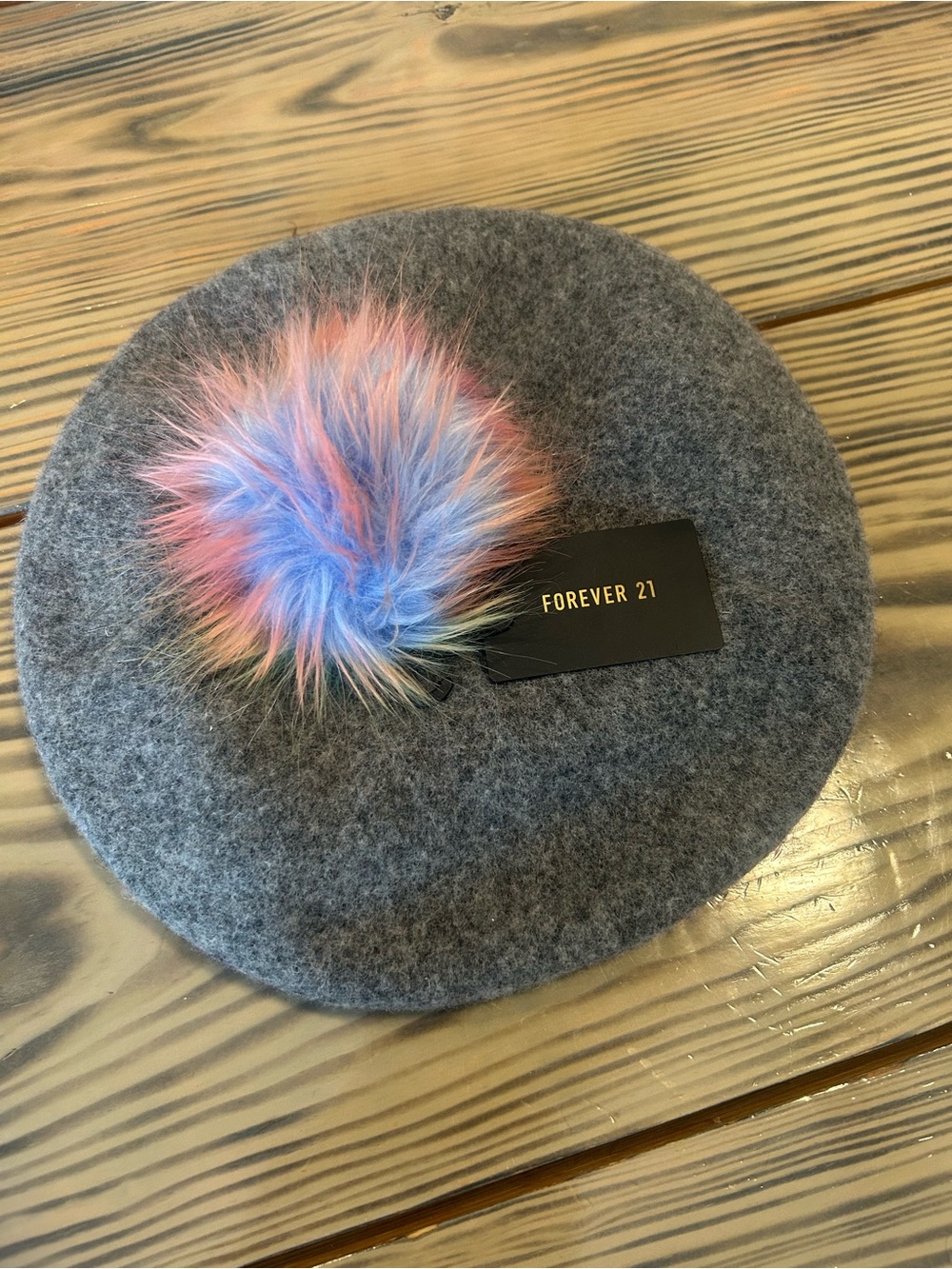 Beret Forever 21 Grey Fluffy Pastel Faux Fur Pom Pom NWT Wool